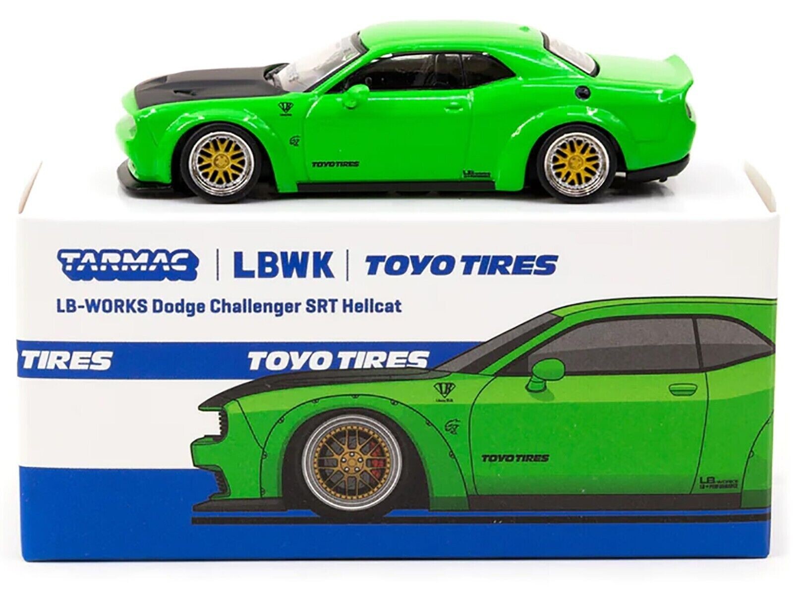 DODGE CHALLENGER SRT HELLCAT GREEN 1:64 DIECAST BY TARMAC WORKS T64G-TL039-GR