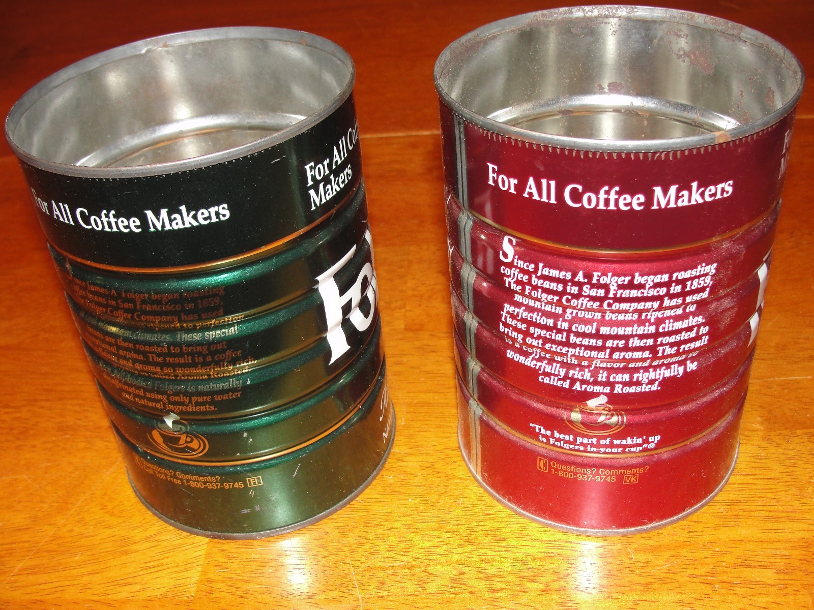 Vintage Lot of 2 Folgers Aroma Roasted Metal 13 oz Coffee Can - Reg & Decaf