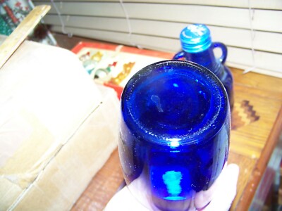 VINTAGE BLUE LUNA CAFE COBALT BLUE DUAL HANDLED RIBBED NECK BOTTLES W/ CAPS