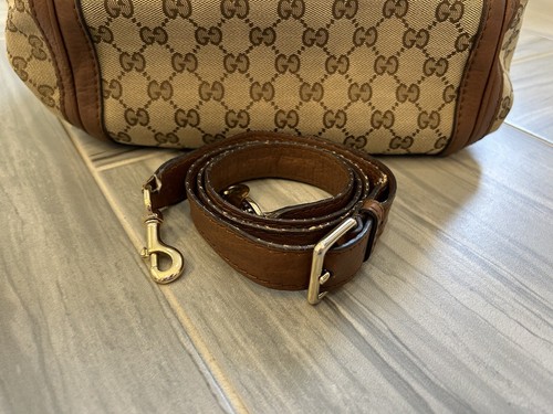 GUCCI Bella Flap Brown Tan Beige Leather Canvas Monogram Crossbody Bag GG