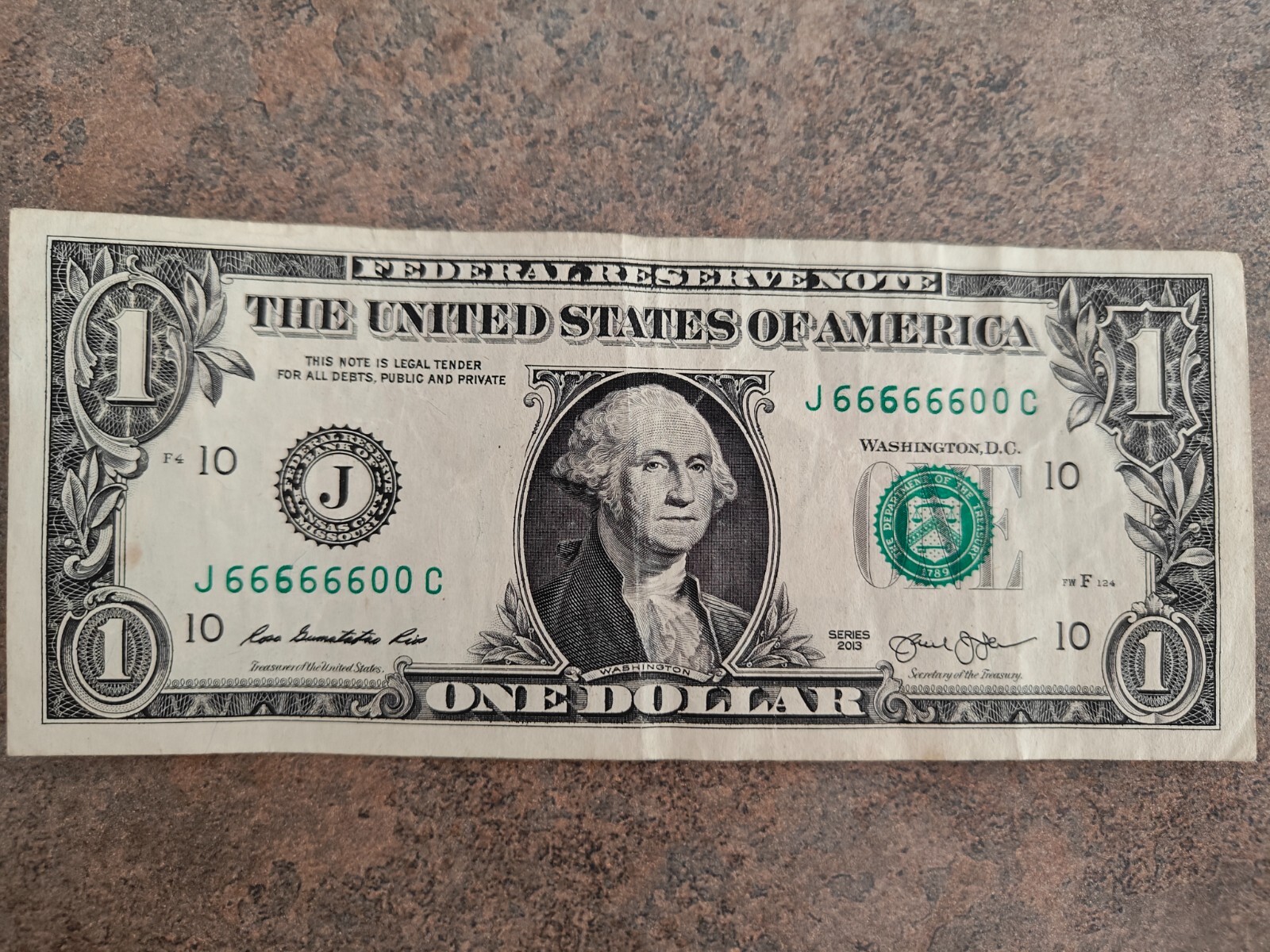 One 1 Dollar Bill Fancy Serial Number J66666600C Over Inked