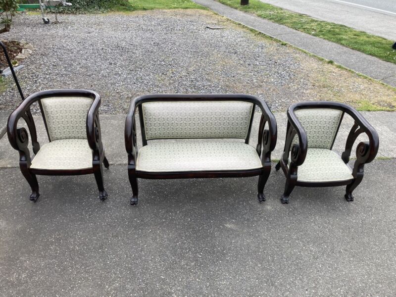 Antique Rosewood Empire 3 Piece Parlor Set Claw Feet Curved Carved Settee Chairs