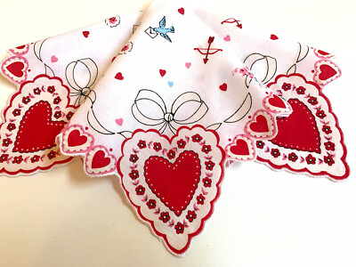 Beautiful New Valentine Hearts Hankie Handkerchief ~ BlueBirds ~ Scalloped