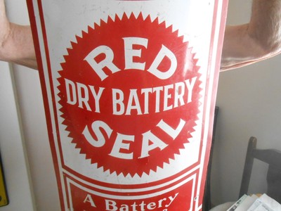 Vintage Red Dry Battery Seal Sign Oval Porcelain 34x14 inches Original Rare!!!