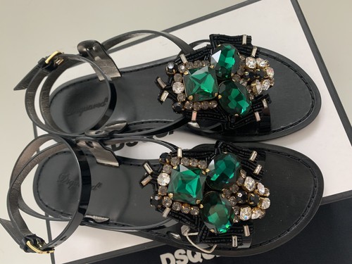 Pre-owned Dsquared2 6.5 7.5 Jeweled Black Patent Leather Ankle Strap Flat Sandals $890