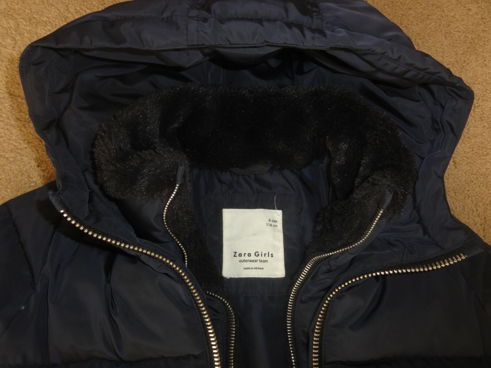 ZARA Girls Navy Blue Down Coat Jacket Size 6  116cm   Hood Puffer