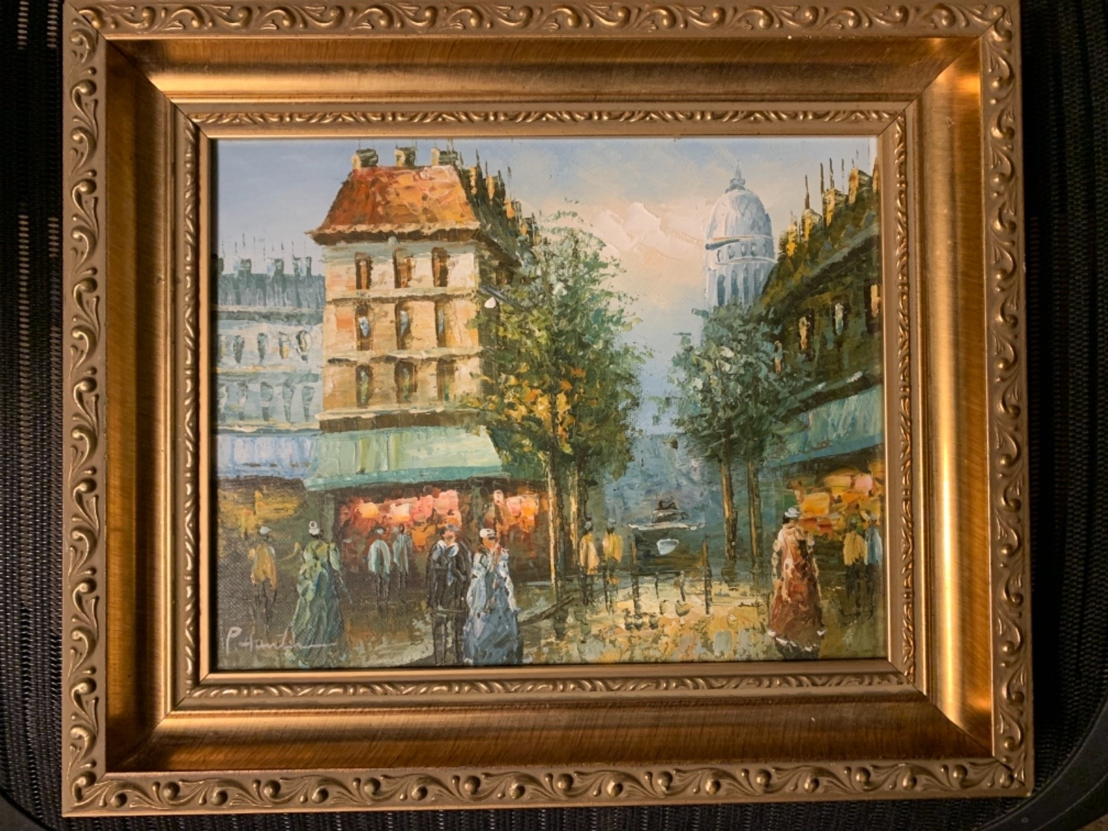 P. Hunter Original Oil on Canvas Paris Street Scene gold