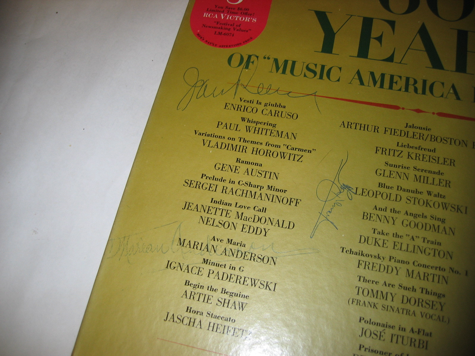 Arthur Fiedler Artur Rubinstein Marian Anderson Jan Peerce Tomy Dorsey autograph