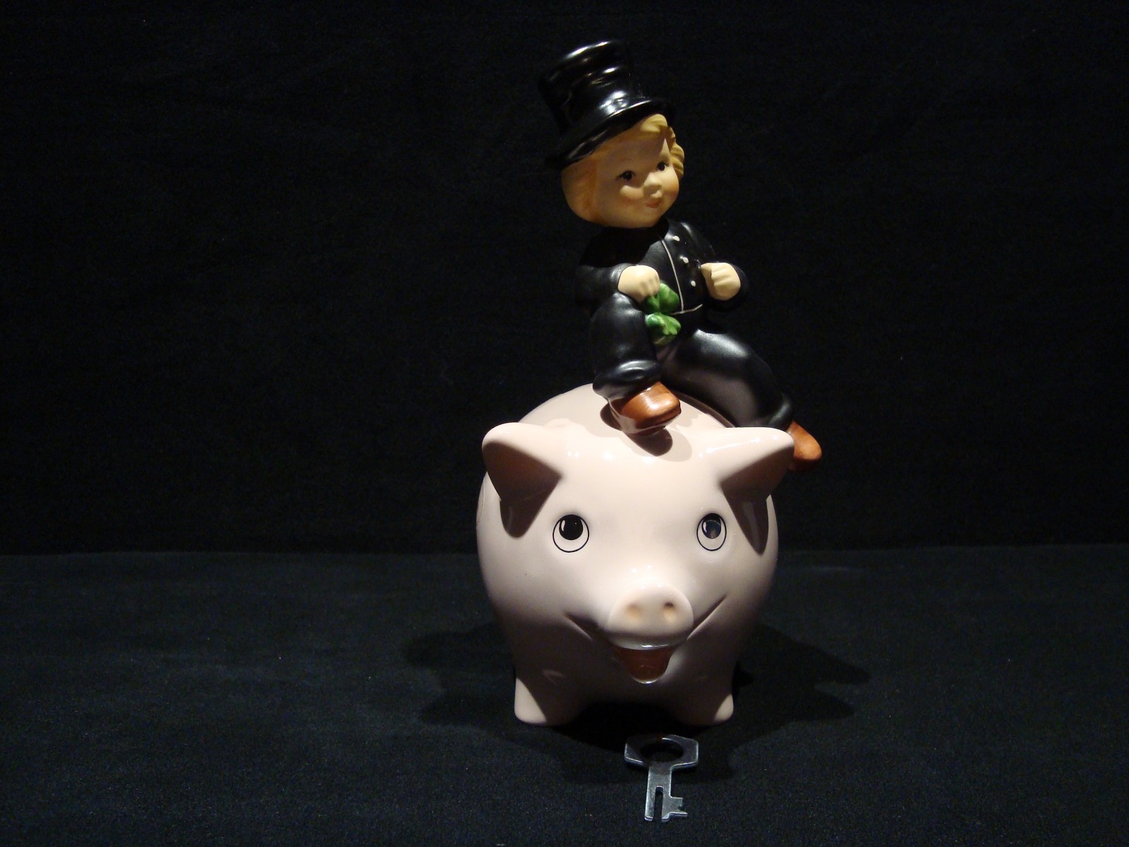 New Vintage Goebel Boy with Shamrock Riding Pig Piggy Bank with Key 10-607-01-8