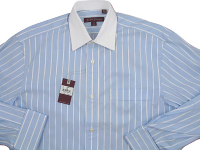 NEW $195 Hickey Freeman Dress Shirt 16 L (35)  Blue with White Stripes & Collar 