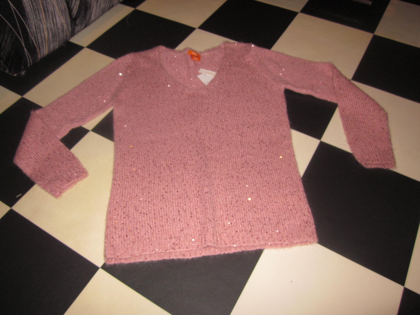 Joe Fresh NWT Pink sequin Wool Mohair V neck Pullover tunic sweater jumper Top S