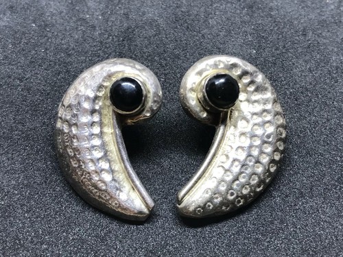 Vtg 1970s 80s TAXCO Mexico STERLING Silver 925 ONYX Pierces EARRINGS Two Trees