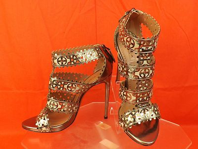 Pre-owned Paris Alaia Dark Silver Laser Cut Patent Leather Platform Sandals Pumps 40 $1550 In Dark Silver /beige