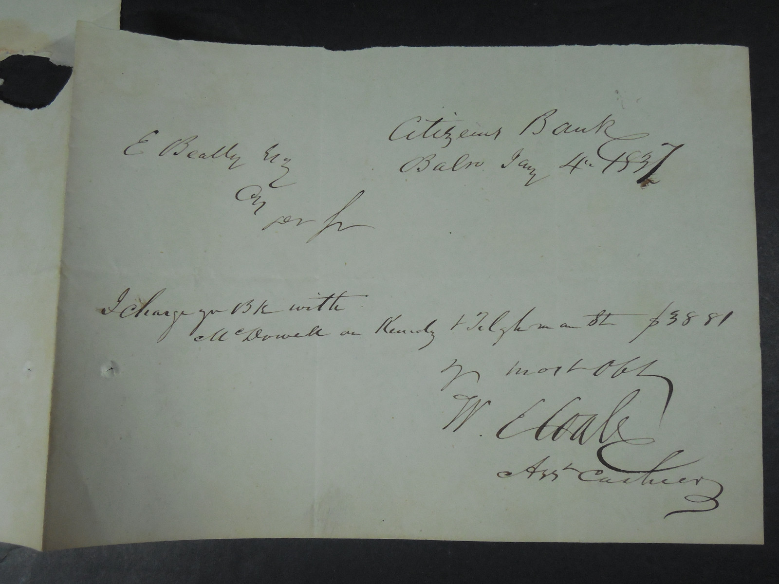 1837 BALTIMORE MARYLAND BANK ACCOUNT BALANCE LETTER HISTORICAL PAPER EPHEMERA
