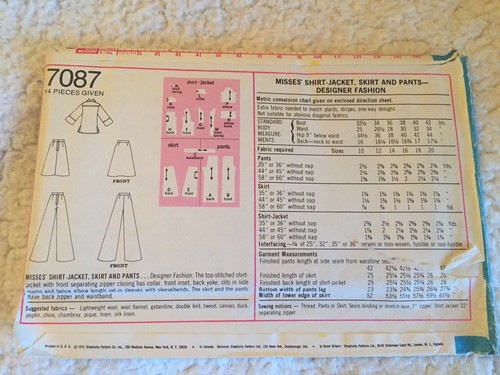 SIMPLICITY SEWING PATTERN #7087, MISSES' SHIRT-JACKET, SKIRT & PANTS SIZE 14 BIN