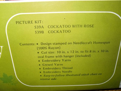 Vtg Vogart Cockatoo Bird Picture Kit 539B 8 x 10 Frame Crewel Stamp Embroider