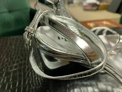 Pre-owned Prada Wedge Paglia Leather Sandals Heels Shoes Mules 40.5 In Silver