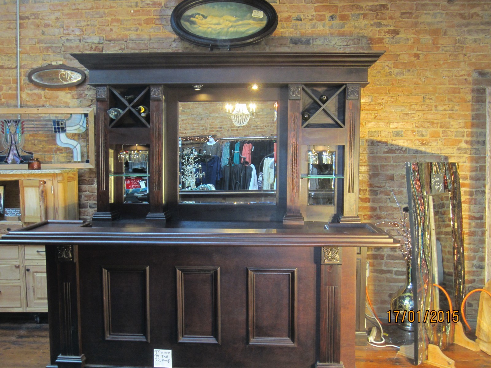 home bar  Cherry and maple back bar front bar service shelf. Thick glass shelves