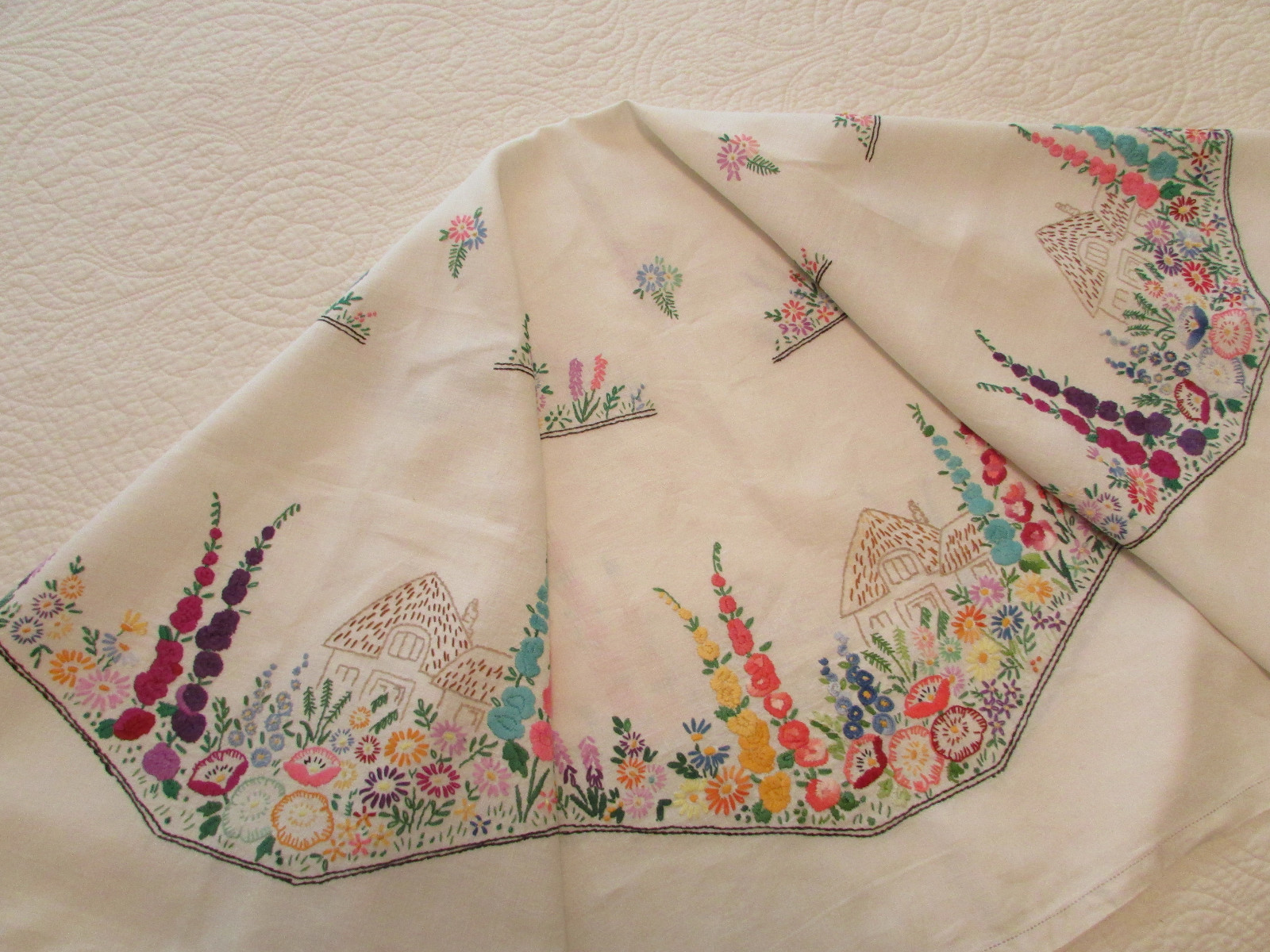 Vintage White Linen Tablecloth Hand Embroidered Flower Garden Cottage 49