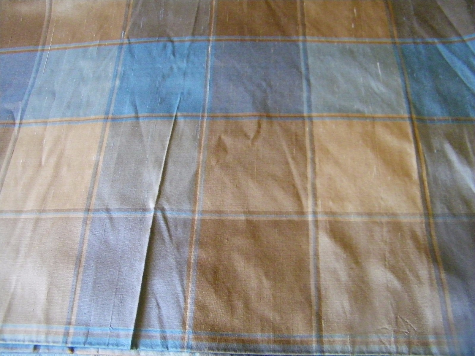 Blue, Gold, Ivory Plaid Silk Drapery Fabric  1 yd., 14
