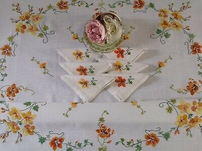 Vintage Linen Napkins 12 Twelve Embroidered Flowers Green Blue Pink Brown Spring Cotton Hand Cross Stitch