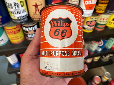 VINTAGE~ EMPTY~ PHILLIPS 66 MULTI PURPOSE PHILUBE 1 LB GREASE CAN~ EXCELLENT!