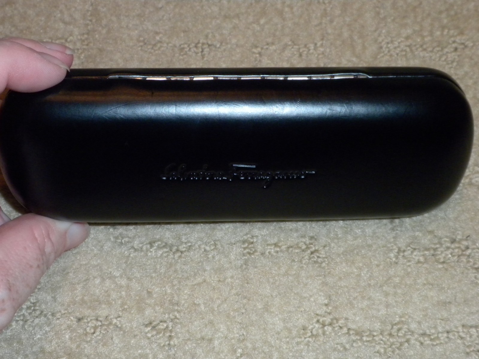 SALVATORE FERRAGAMO Italy Slim Eyeglass Clam Shell Hard Case Black Leather