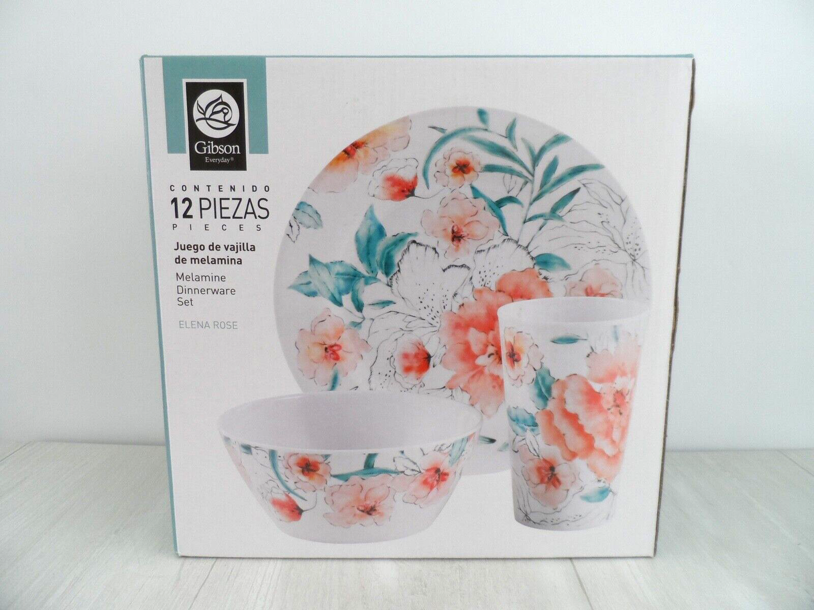 GIBSON EVERYDAY 12 PIECE MELAMINE DINNERWARE SET~ELENA ROSE~FLORAL~NEW IN BOX