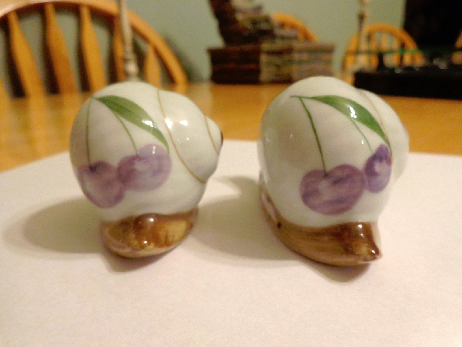 CERAMIC HAND CRAFTED SNAIL SALT AND PEPPER SHAKERS- PLUM, STRAWBERRY