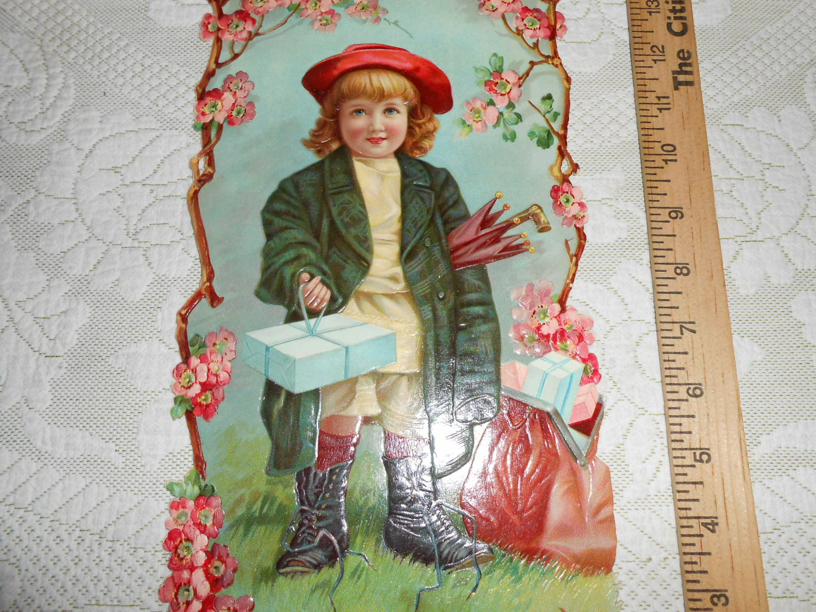 Large 1900 Antique Victorian Die-Cut Sign Little Boy In Boots NOS