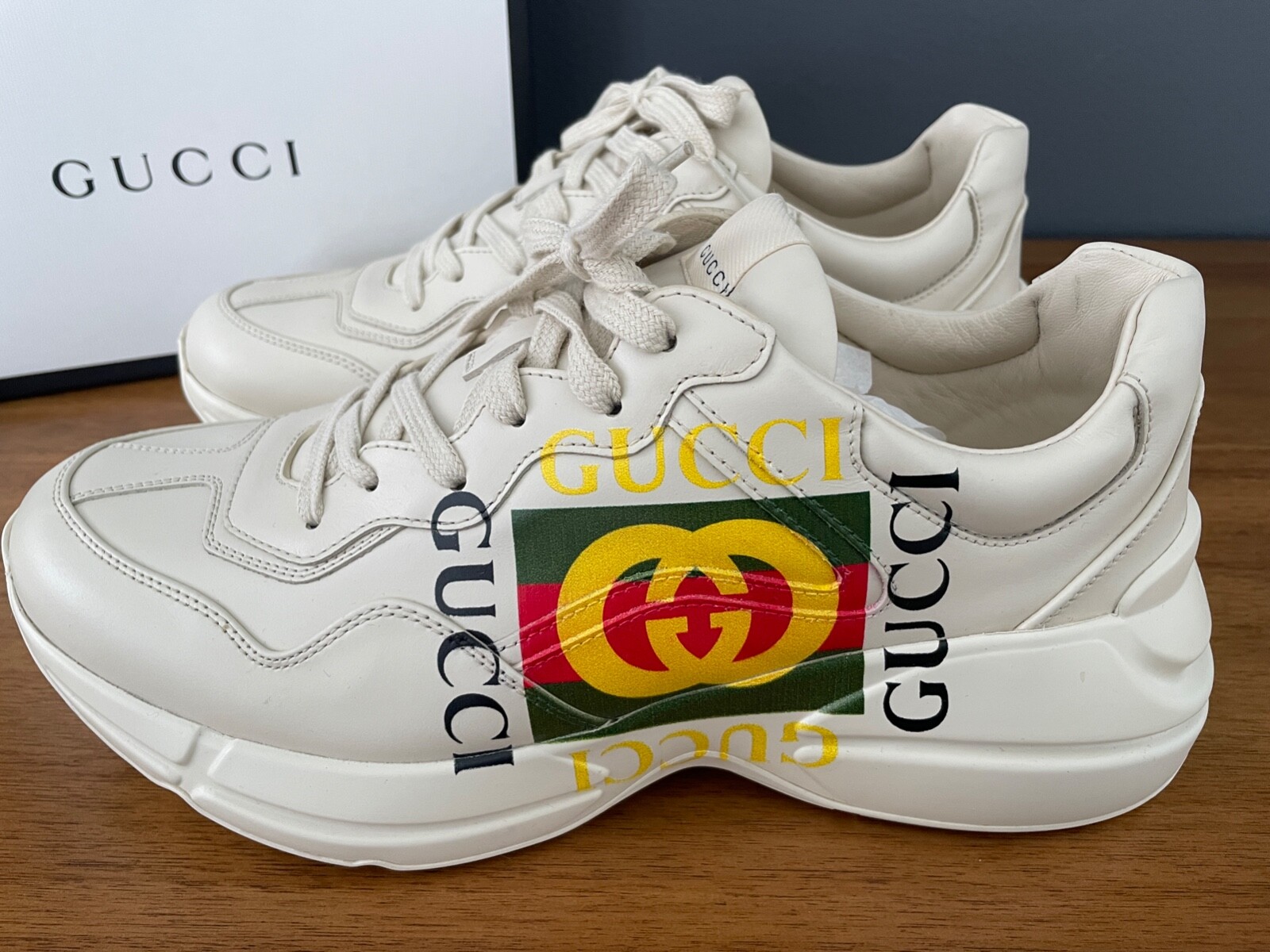 Gucci Mens Apollo Ivory White Leather Sneaker Shoe, Gucci sz