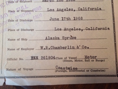 1968 U.S. Coast Guard Certificate of Discharge Merchant Seaman Steam Vessels