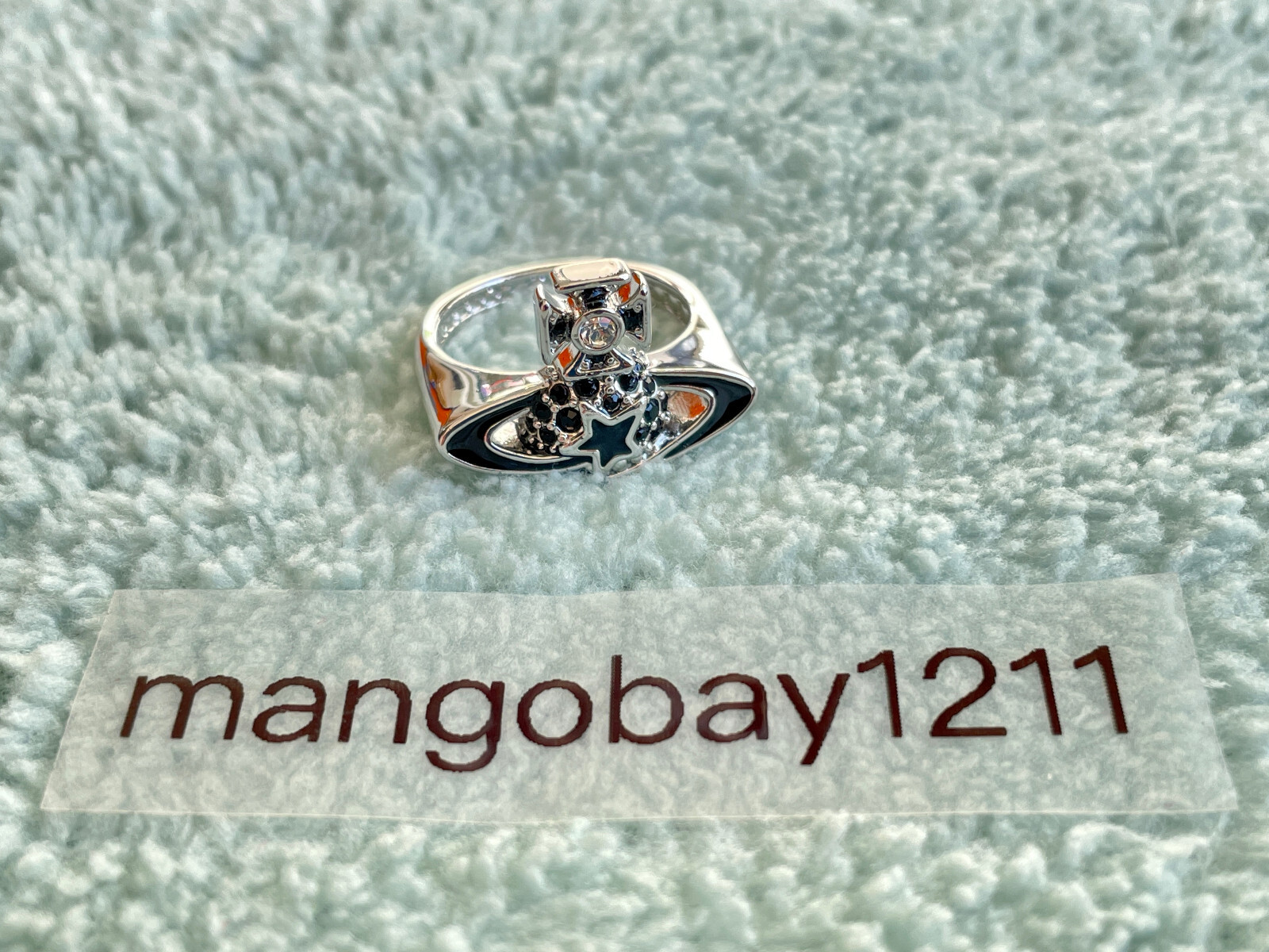 Vivienne Westwood Silver Crystal Black Star Saturn Ring Size