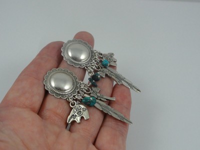 Estate Unmarked Sterling Silver Concho Feather Bear Tomahawk Earrings Turquoise