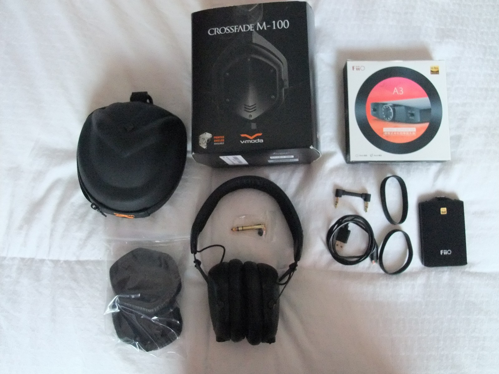 V-MODA Crossfade M-100 Headphones, FiiO A3 Headphone Amplifier, Extra Earpads