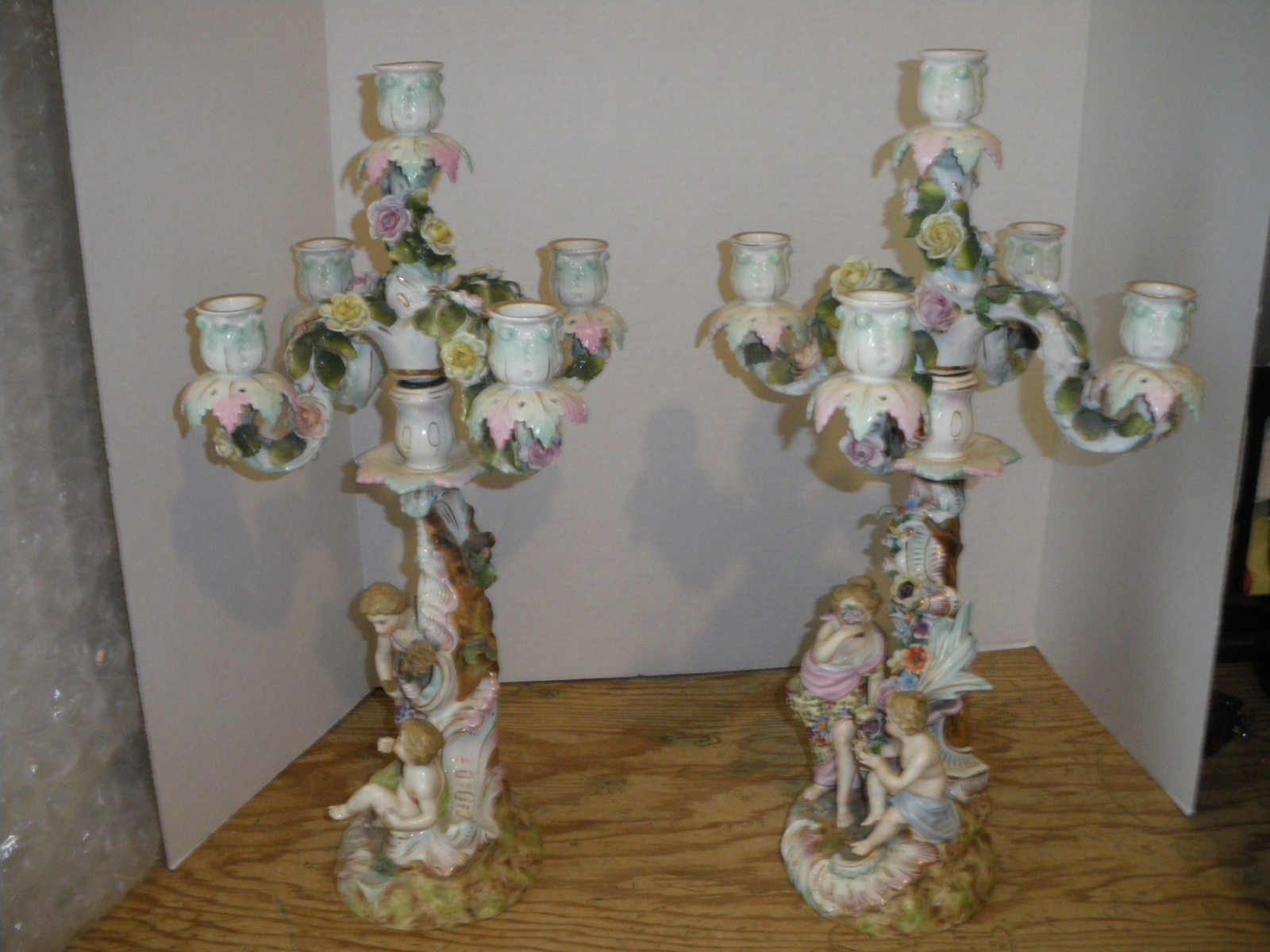 Pair Meissen Antique Porcelain Figural 5 arm - 2 part Candleholders Candlesticks
