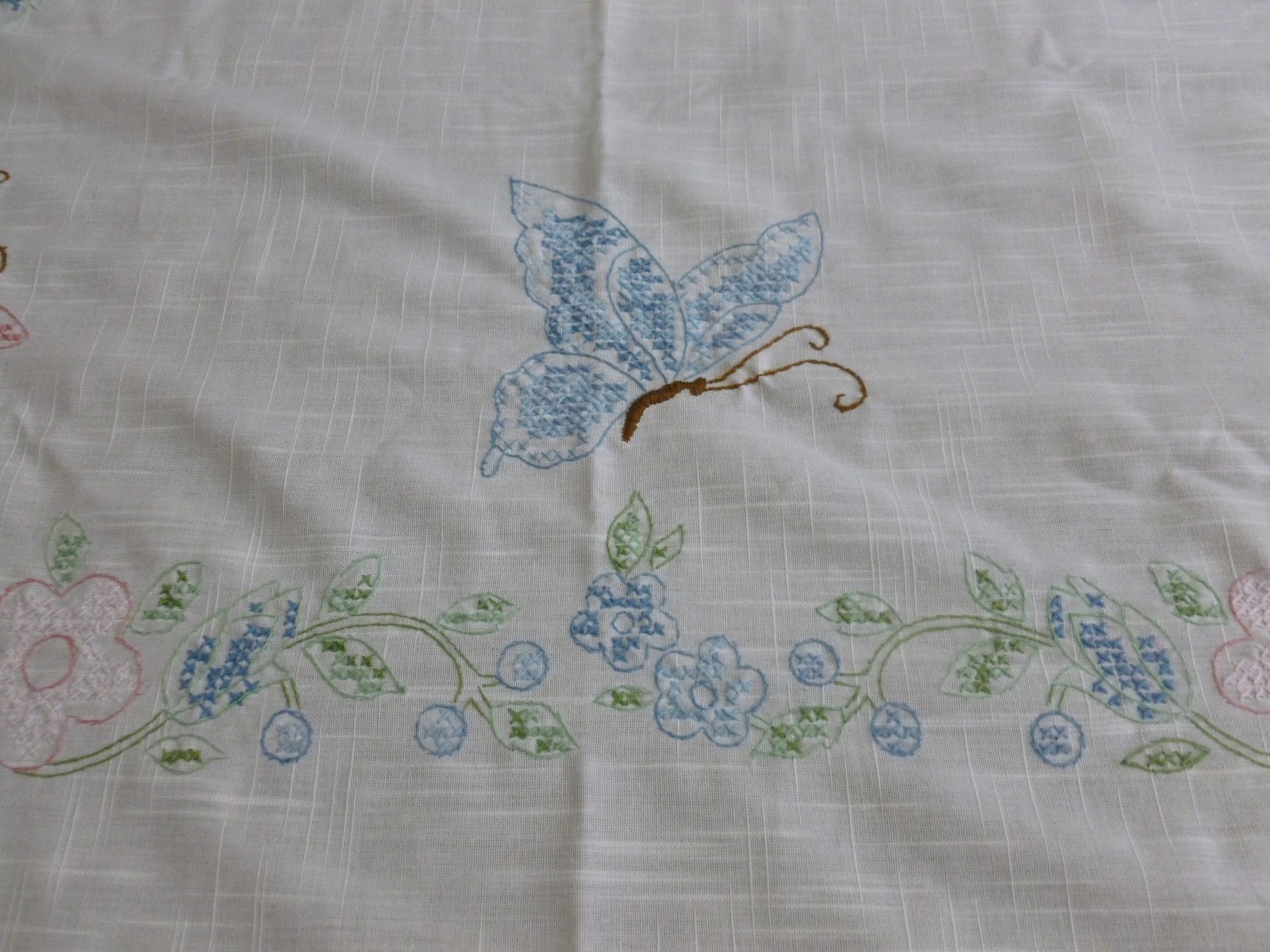 Vintage Embroidered Tablecloth Butterflies Flowers Spring  Large 75