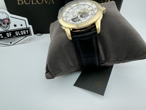 Pre-owned Bulova Sutton Gold Stainless Automatic 4-hand Watch Open Heart Leather 42mm