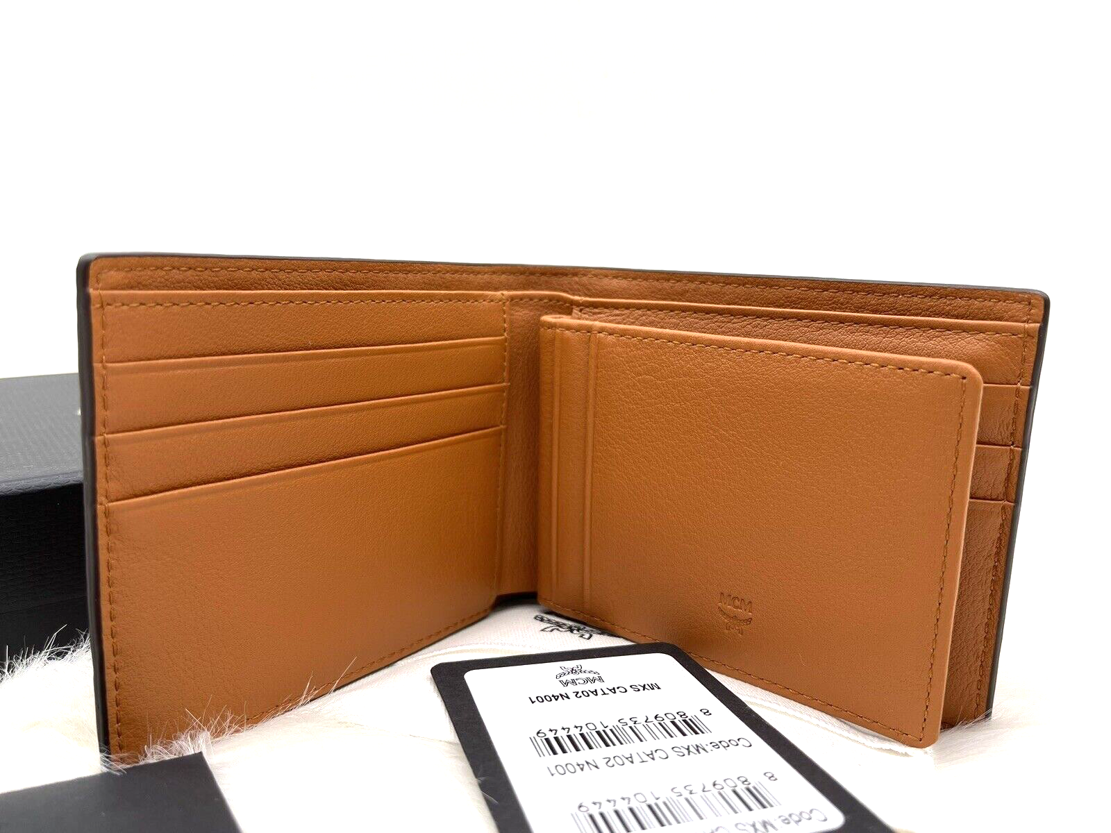 Pre-owned Mcm Auth  Portuna Embossed Monogram Bifold Leather Wallet With Case Case In Roasted Pecan