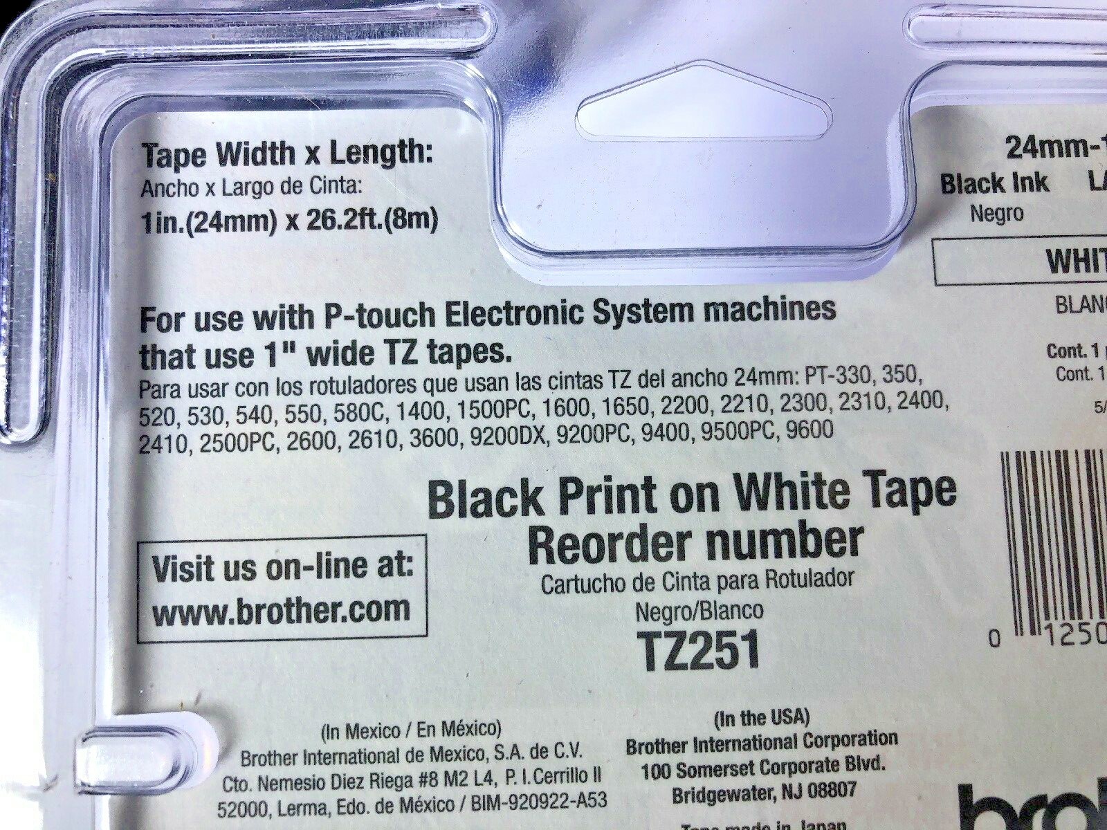 3X LOT 24mm 1'' Tz 251 TZ251 Black on White Label Tape For Brother P-touch NEW