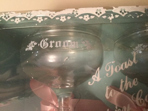 Vintage Wedding Bride & Groom Champagne Glasses Short Wedding Toast Set of 2