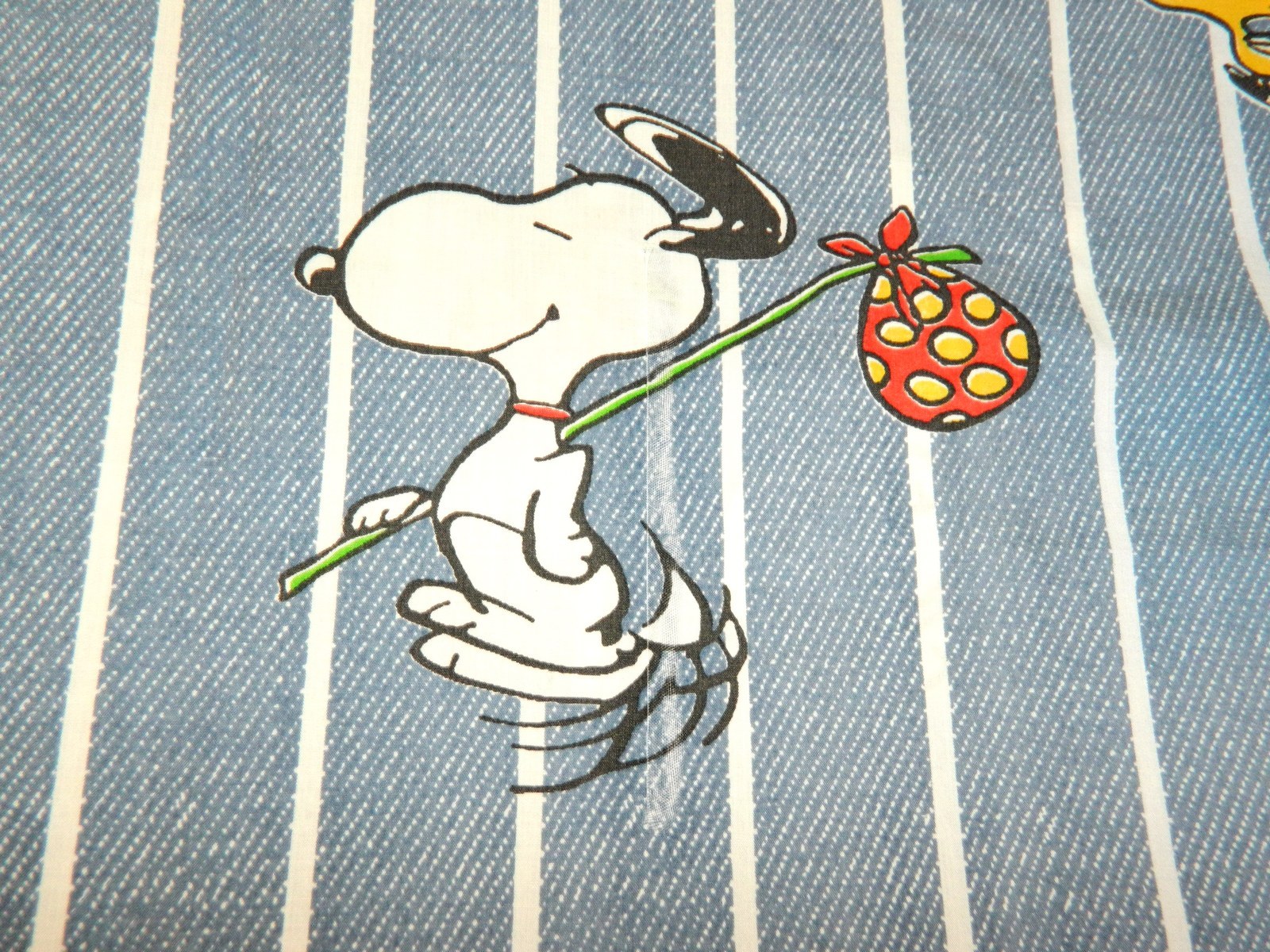 VTG Peanuts Snoopy Twin Sheet Woodstock Hobo Blue Striped fabric