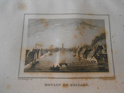 Gravure sur acier 1838 - Moulin de Bellagé  Dpt de Mayenne