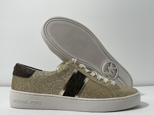 【新品】 Michael Kors ゴールドシルバー スニーカー グリッター New Michael Kors Irving Stripe Lace Up Gold Glitter White