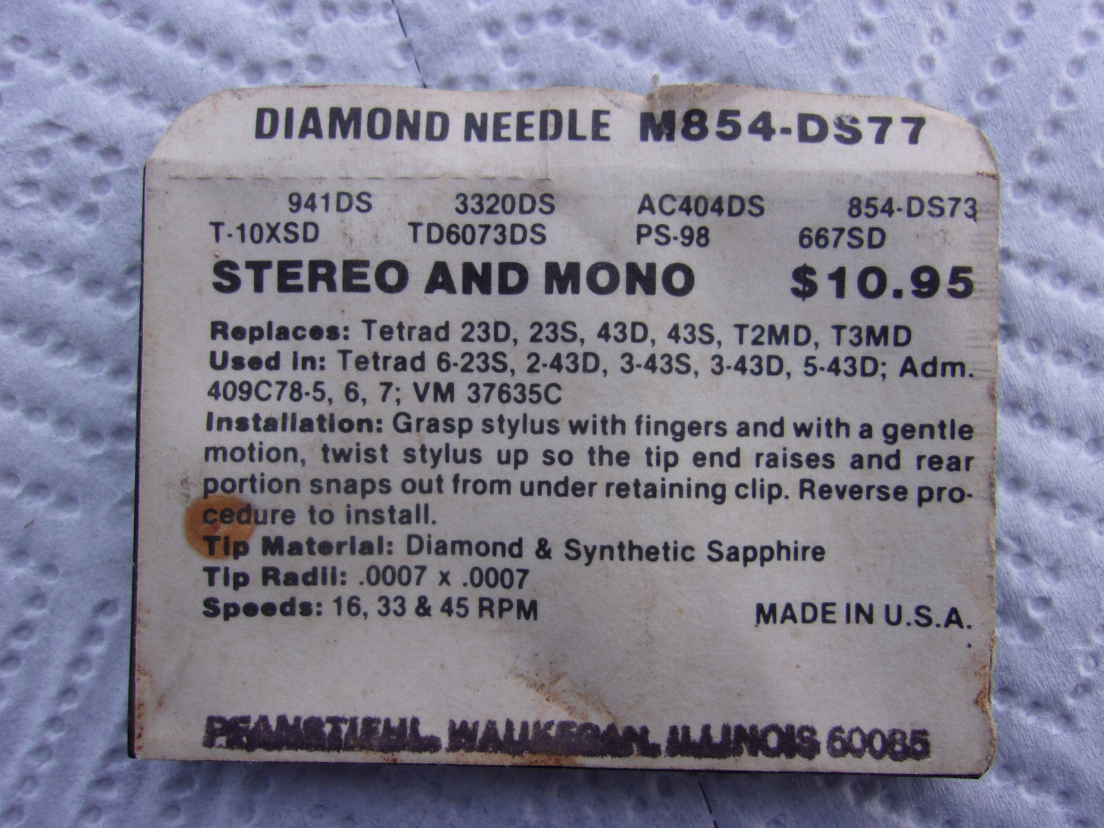NOS Pfanstiehl M854-DS77 Diamond Needle Stylus for Tetrad 6-23S, 2-43D,3-43S ++