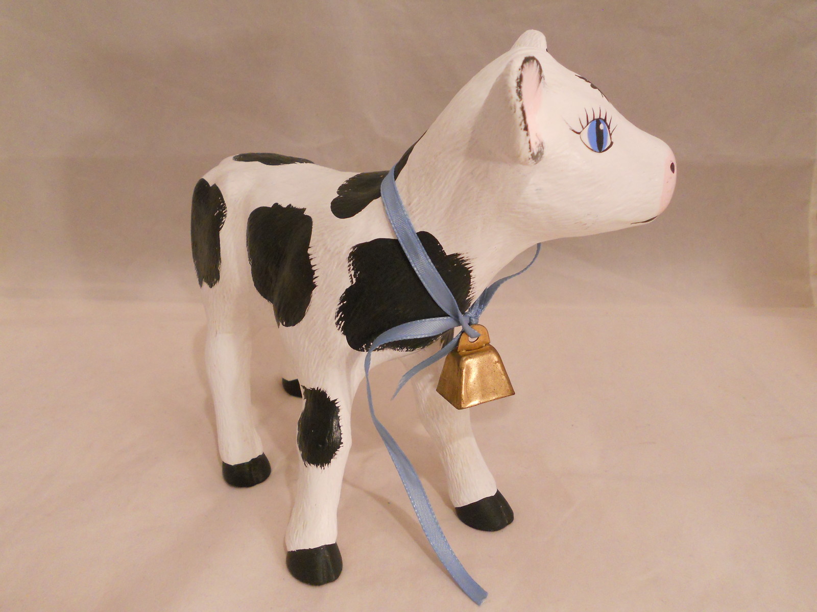Vintage 1970s Handpainted Ceramic Cow Figurine Black & White With Bell