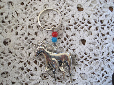Key Chain Silver Tone Horse Red and Blue Bead Vintage