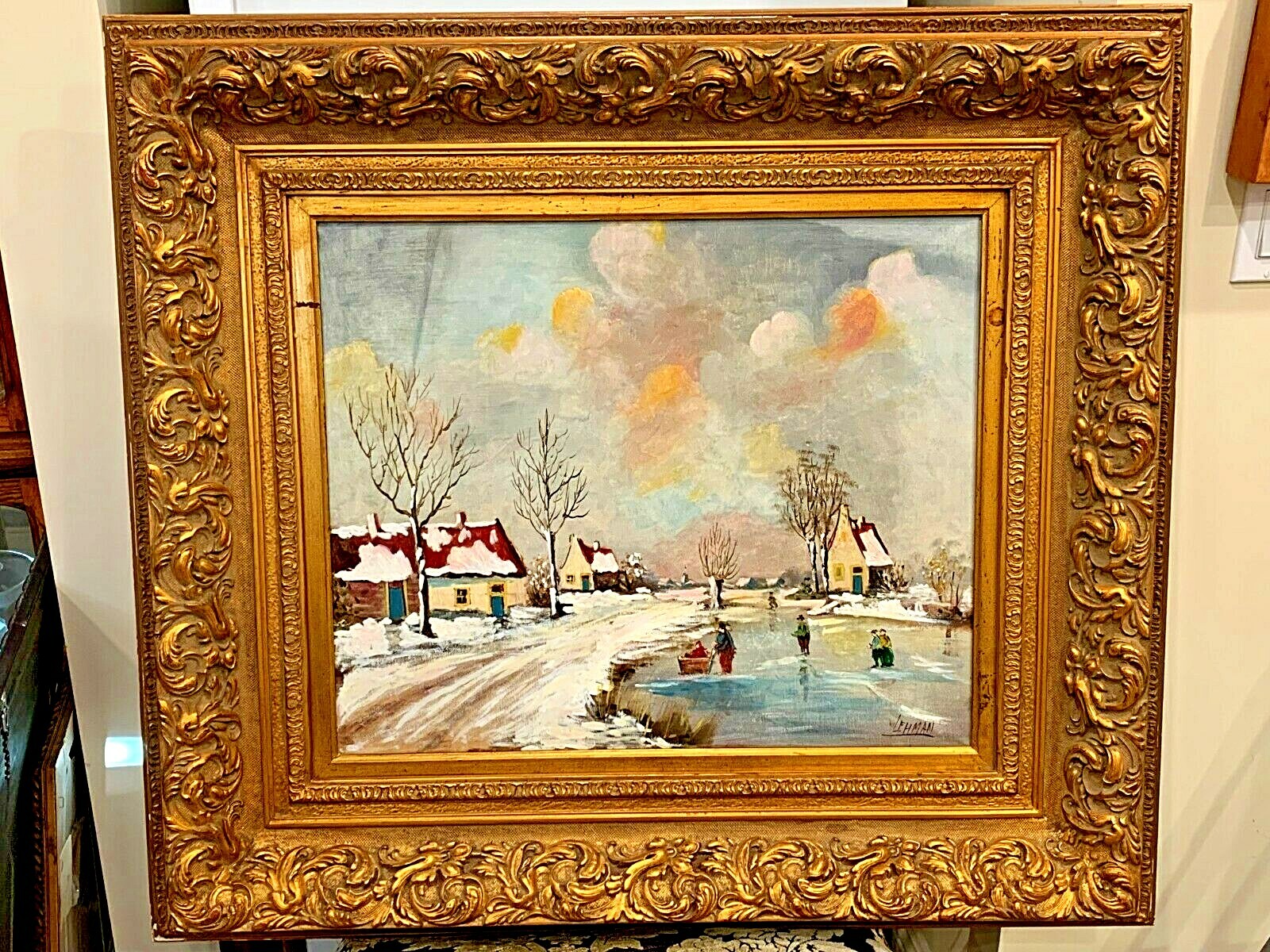 VINTAGE SIGNED LEHMAN OIL ON CANVAS ORIGINAL PAINTENG WINTER