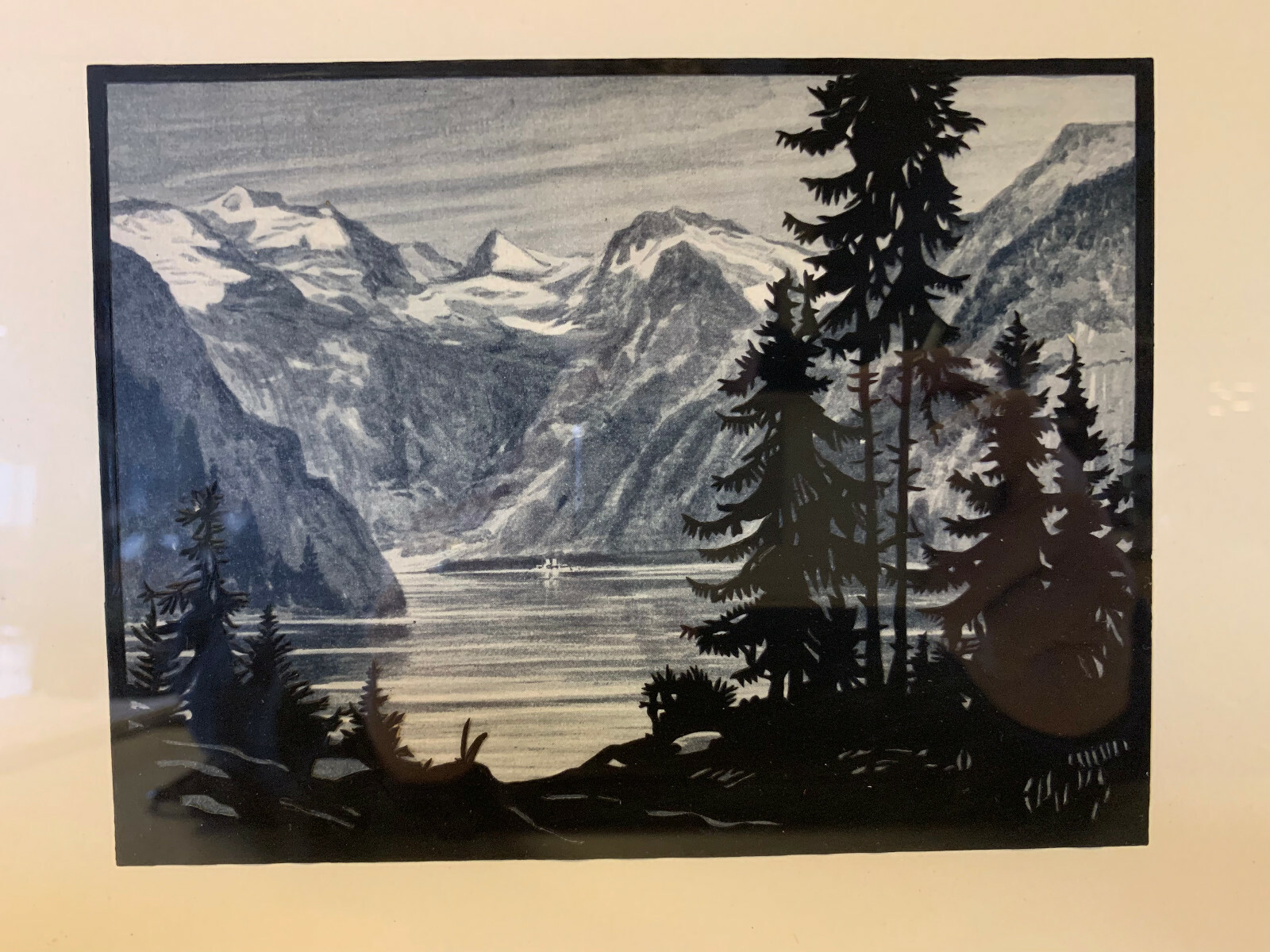 Vintage Silhouette Cutout Trees in Mountain Landscape