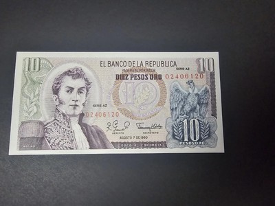 1980 El Banco De La Republica Bogota Colombia 10 Pesos De Oro UNC Bank Note